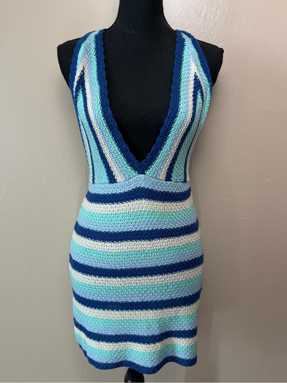White Fox Boutique Striped Crochet Knit Plunge Halter Mini Dress S/M